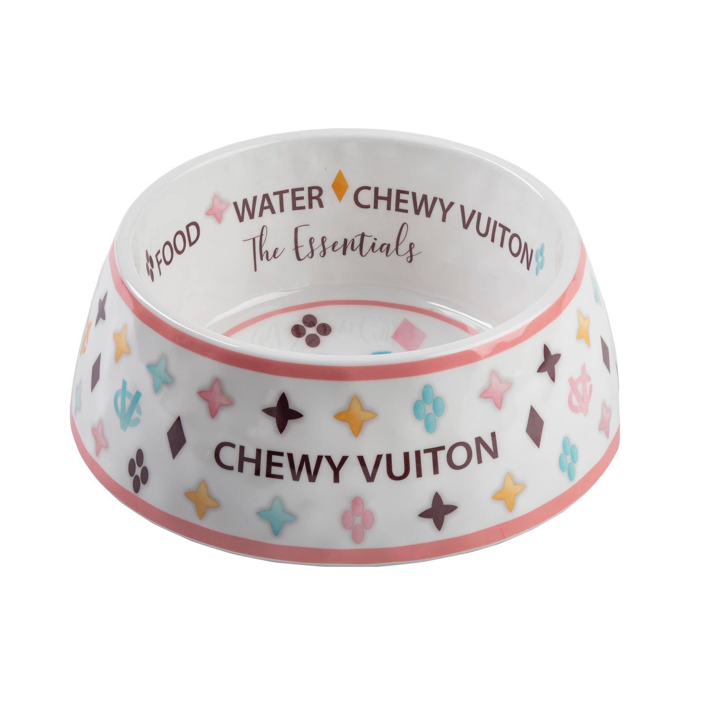 White Chewy Vuiton Dog Food Bowl: Medium