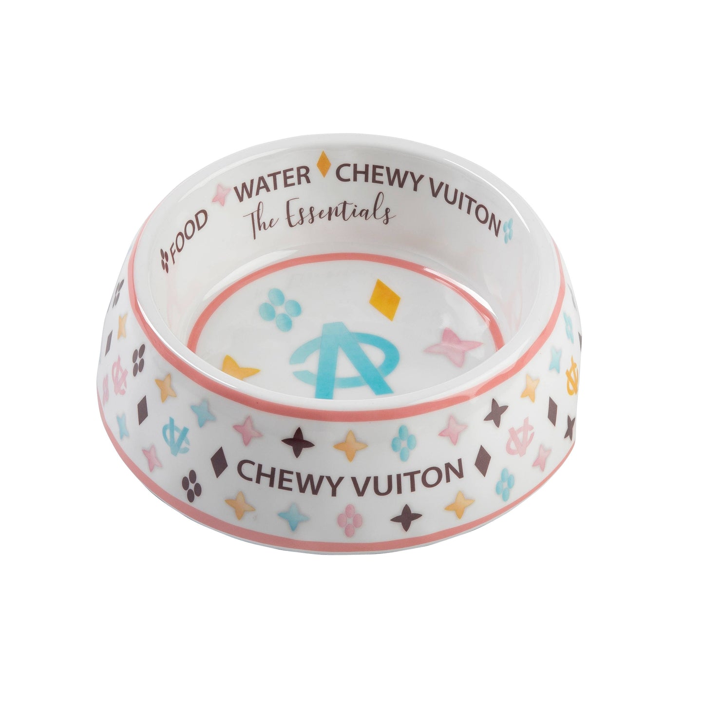 White Chewy Vuiton Dog Food Bowl: Medium