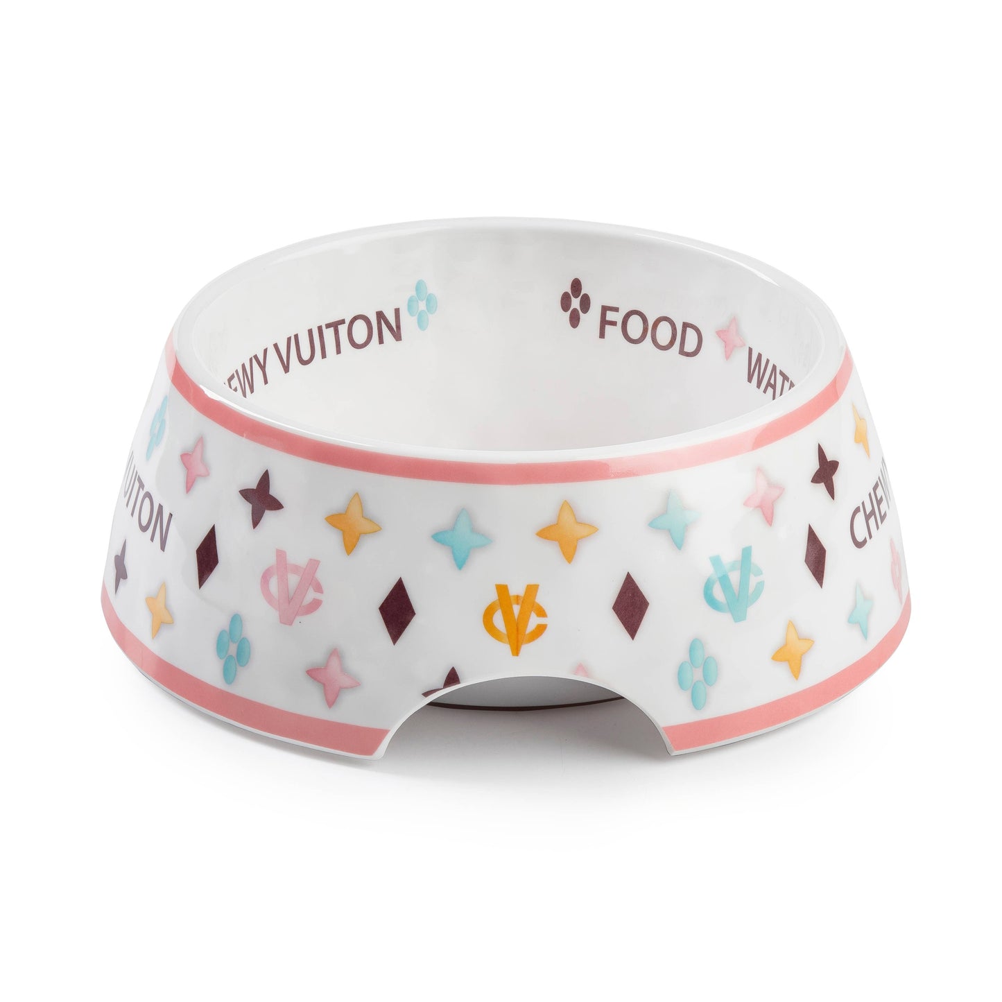 White Chewy Vuiton Dog Food Bowl: Medium