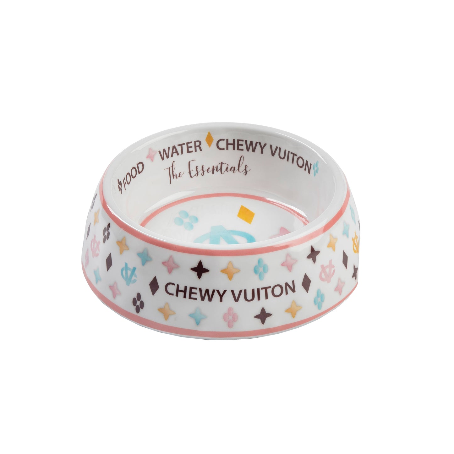 White Chewy Vuiton Dog Food Bowl: Medium