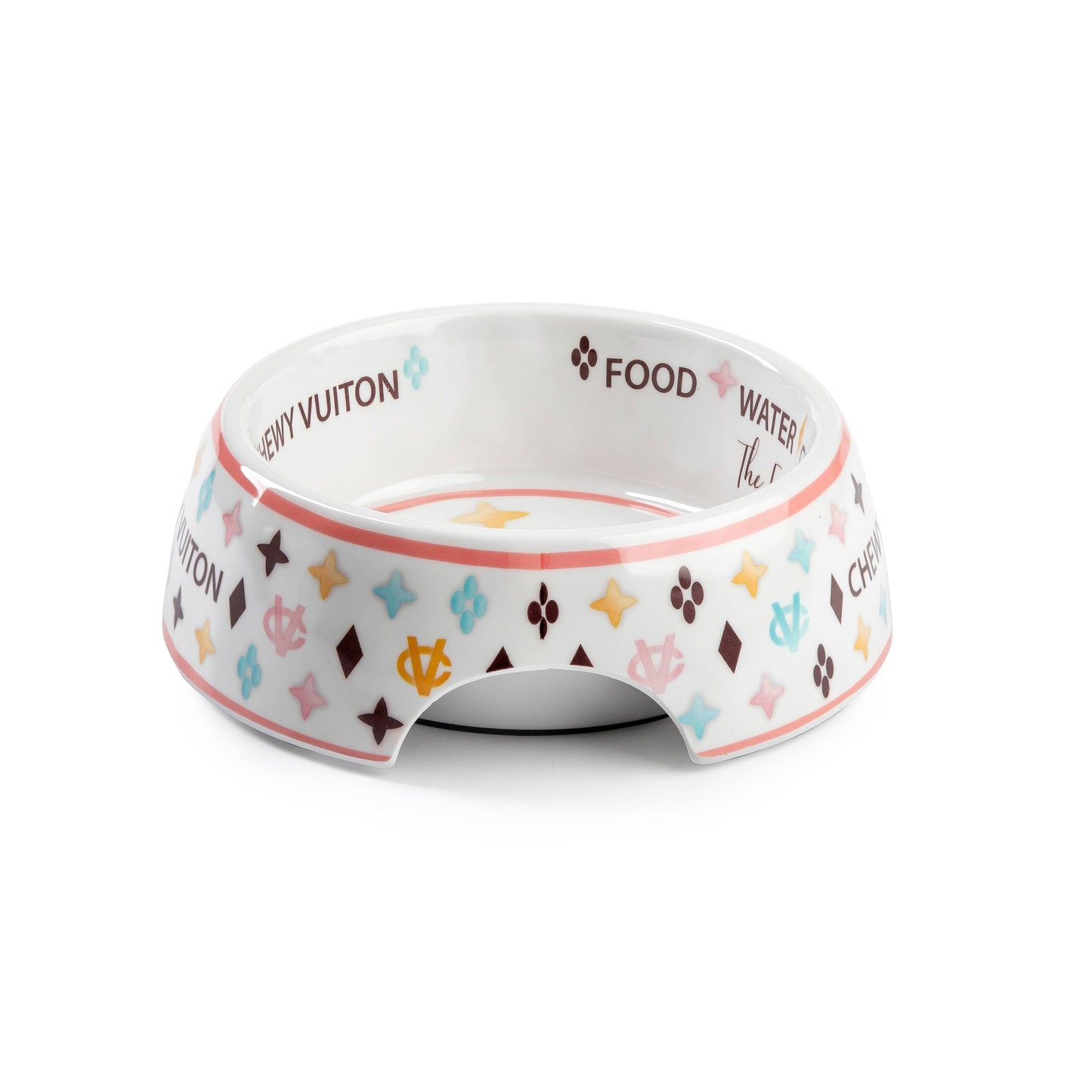 White Chewy Vuiton Dog Food Bowl: Medium
