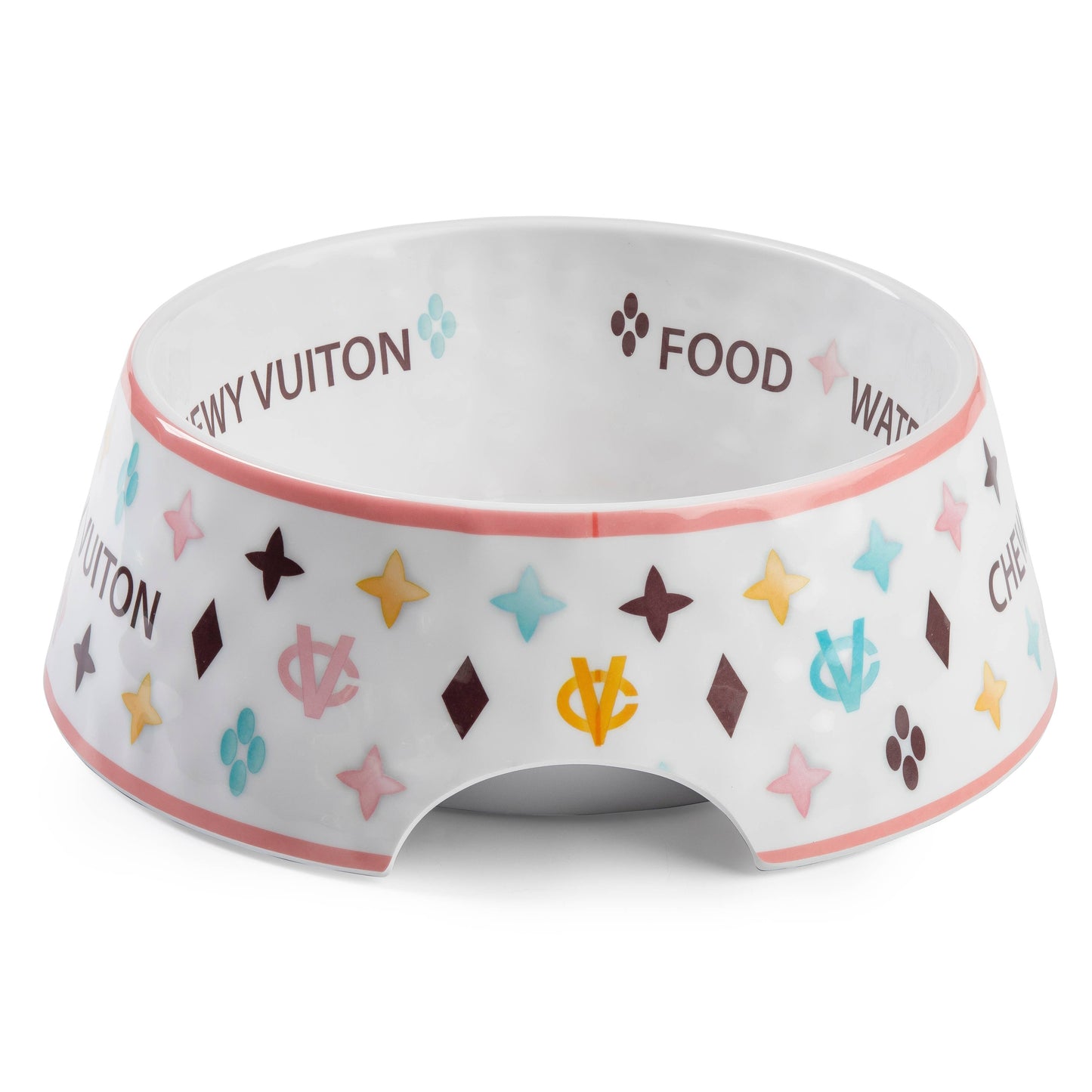 White Chewy Vuiton Dog Food Bowl: Medium