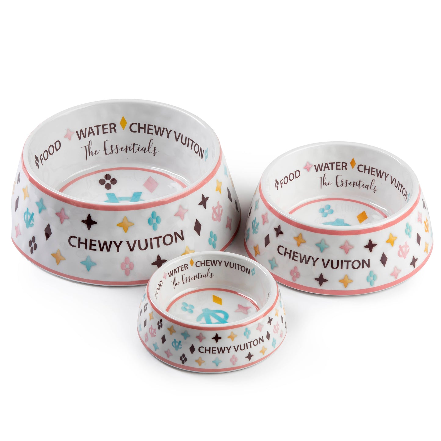 White Chewy Vuiton Dog Food Bowl: Medium