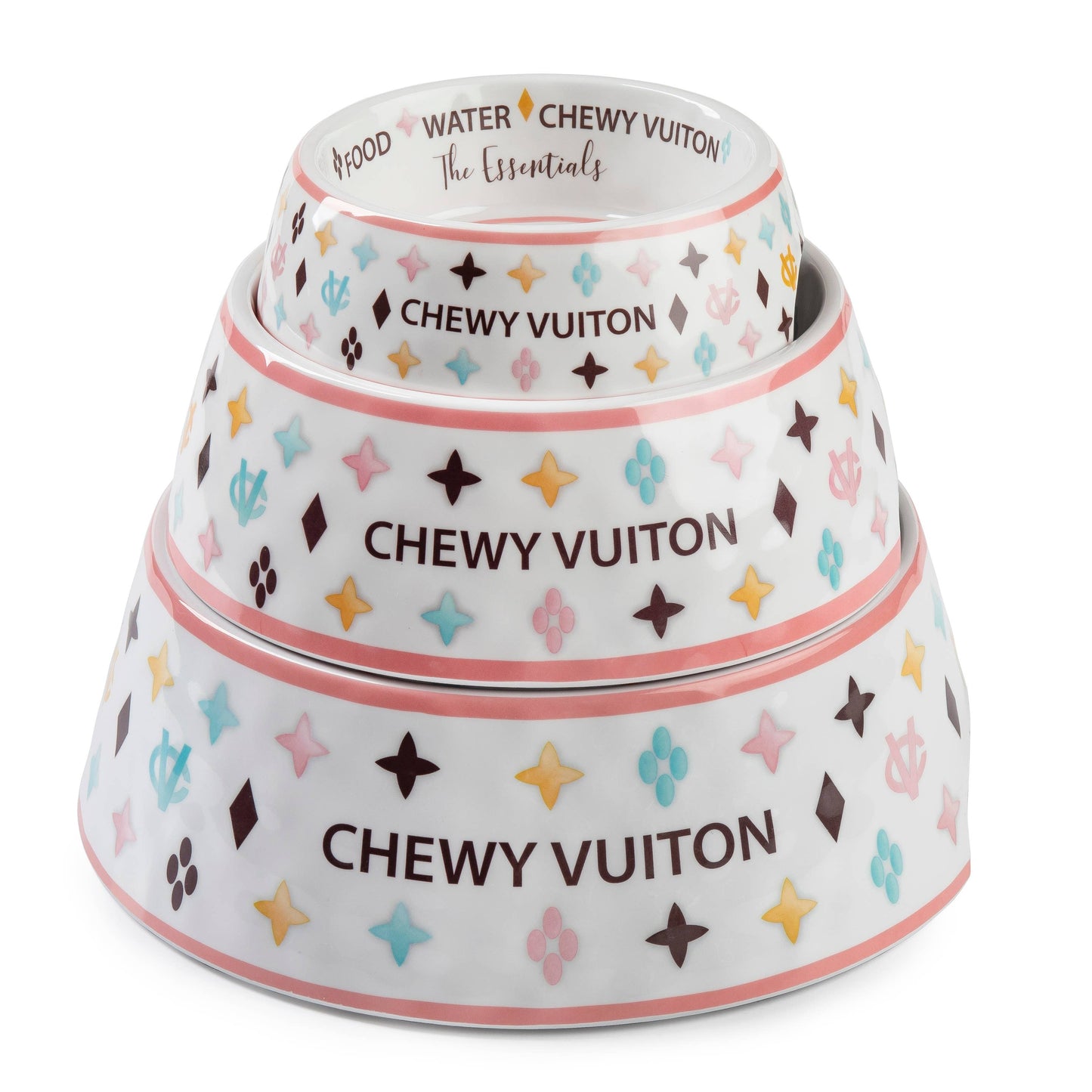 White Chewy Vuiton Dog Food Bowl: Medium