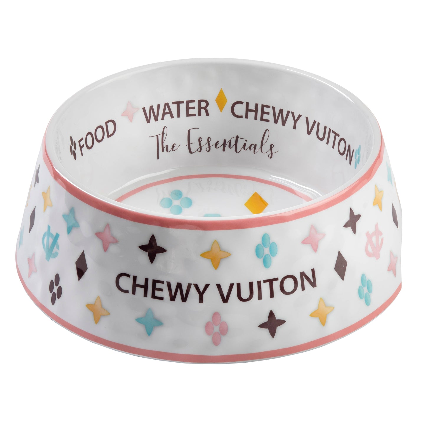 White Chewy Vuiton Dog Food Bowl: Medium