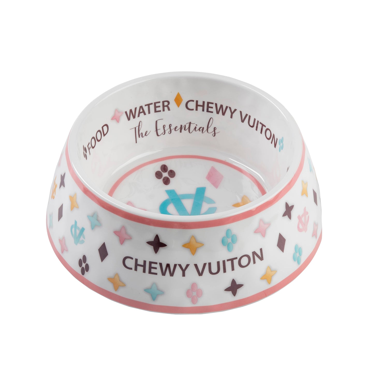 White Chewy Vuiton Dog Food Bowl: Medium