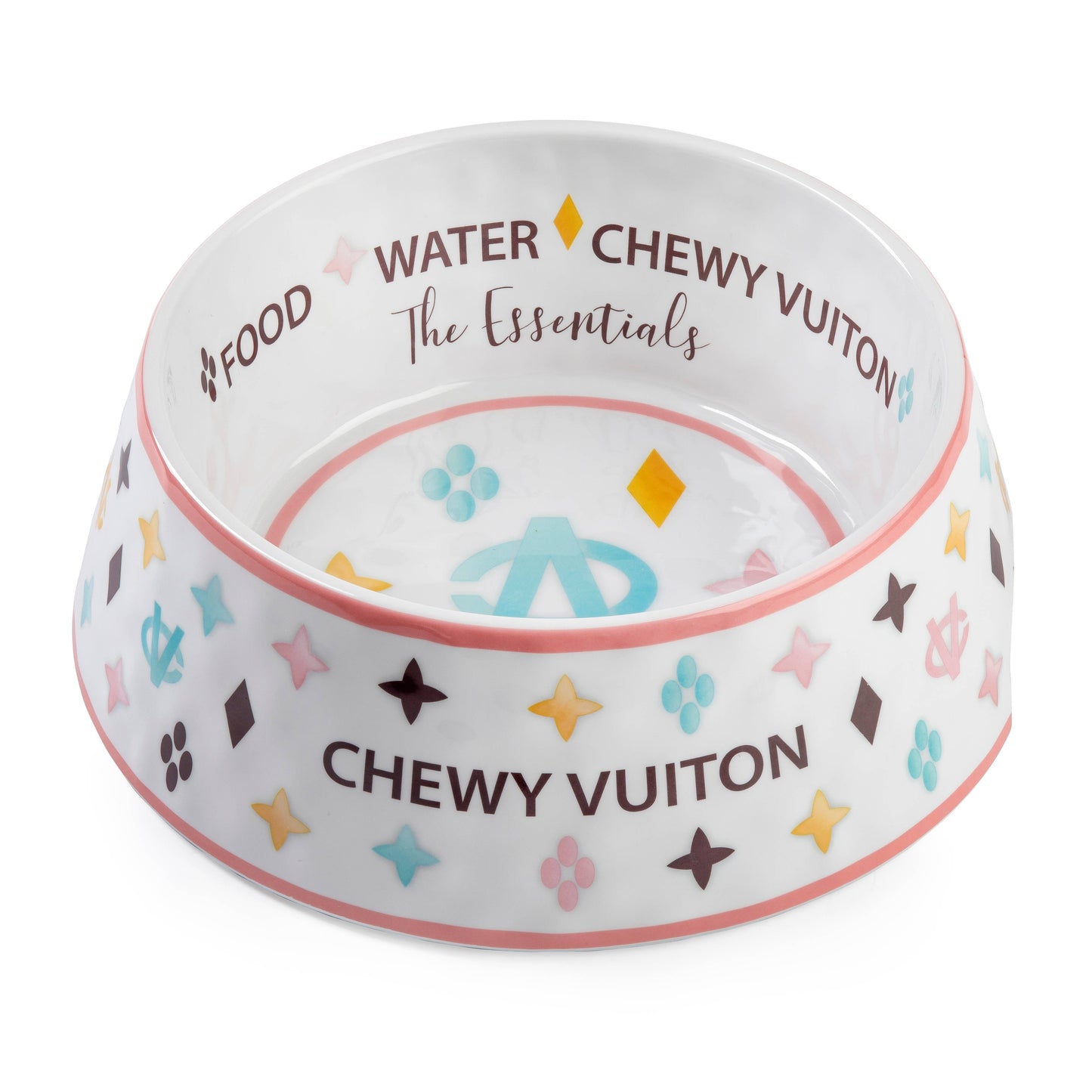 White Chewy Vuiton Dog Food Bowl: Medium
